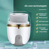 A white electric facial cleanser brush in a clear container is shown with six core technologies listed on the side.