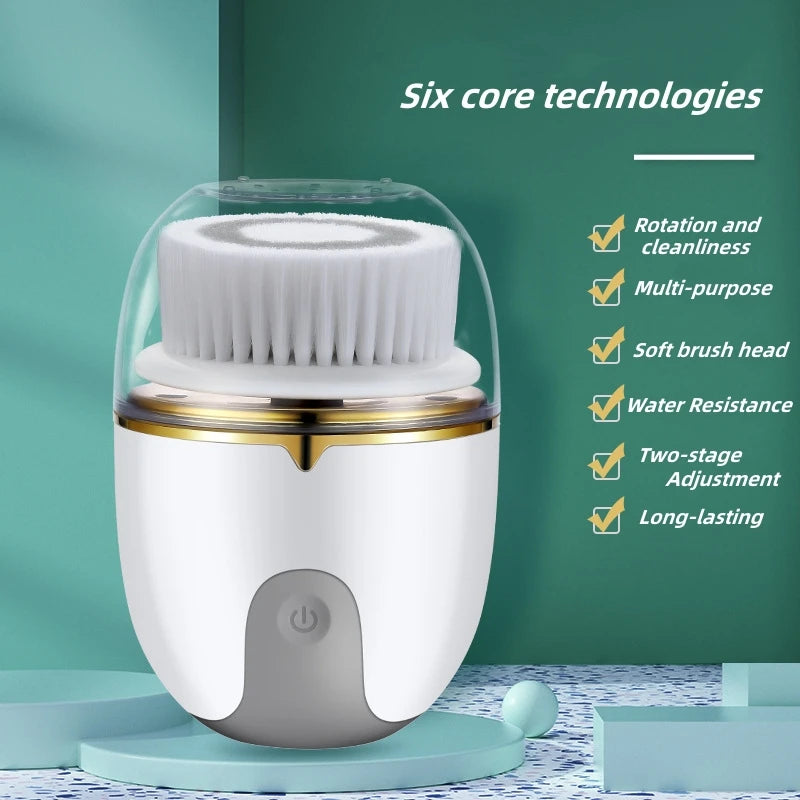 A white electric facial cleanser brush in a clear container is shown with six core technologies listed on the side.