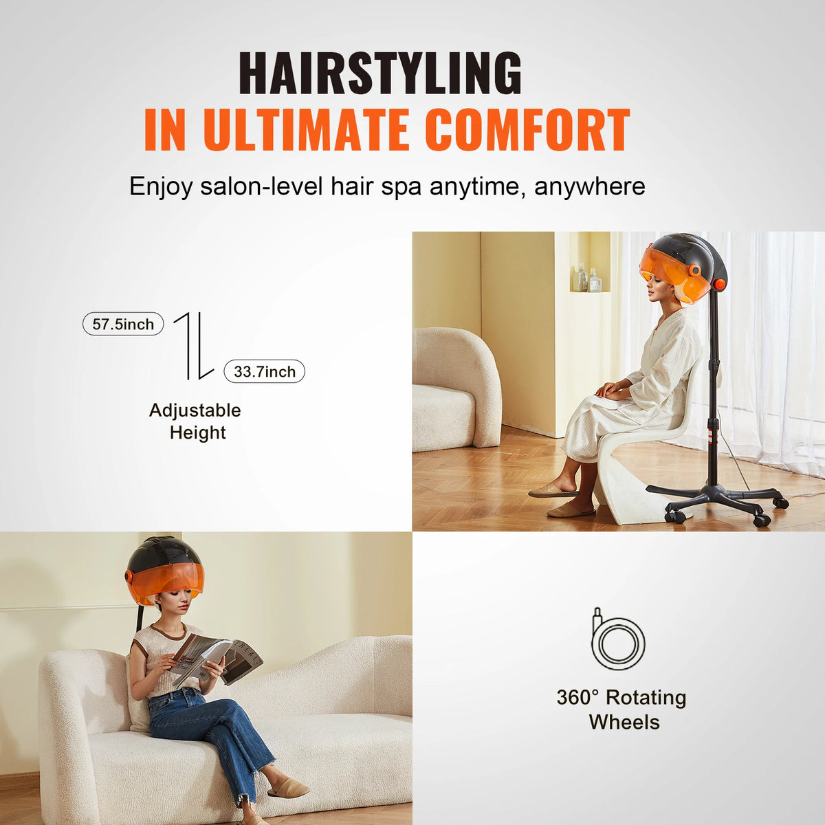 An orange ionic hooded hair dryer is shown being used on a person in a salon-like setting.