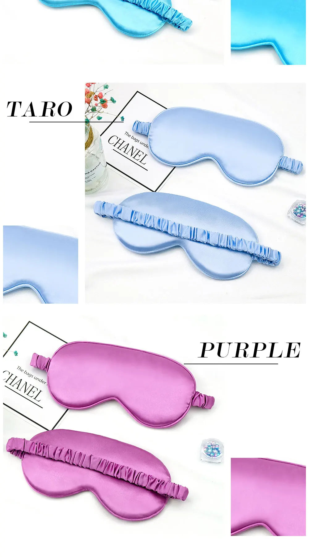 Un set de masques de sommeil en soie imitation bleu clair et violet, avec des bords froncés.