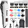 A collection of professional rechargeable hair clippers and trimmers with various guard sizes and attachments.