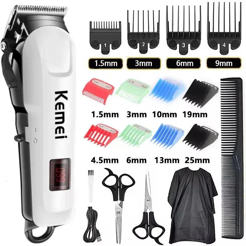 A collection of professional rechargeable hair clippers and trimmers with various guard sizes and attachments.