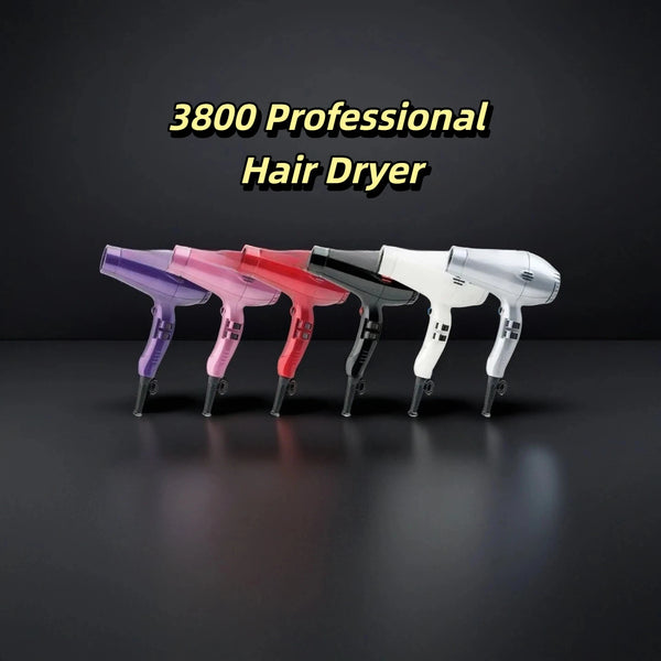Une rangée de 8 sèche-cheveux en céramique professionnels de différentes couleurs, dont violet, rose, rouge et blanc.