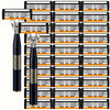 A set of classic multi-blade safety razors with black handles and orange blades arranged in a grid.