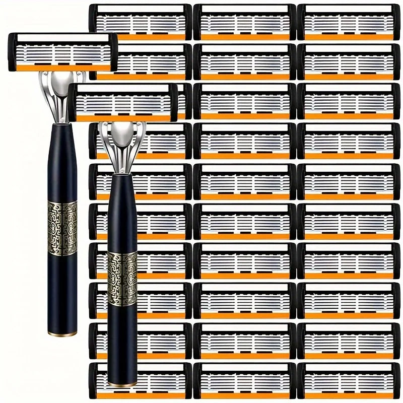 A set of classic multi-blade safety razors with black handles and orange blades arranged in a grid.