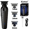 A set of Kemei professional hair clippers in black with 1mm, 2mm, and 3mm guards and a charging cable.