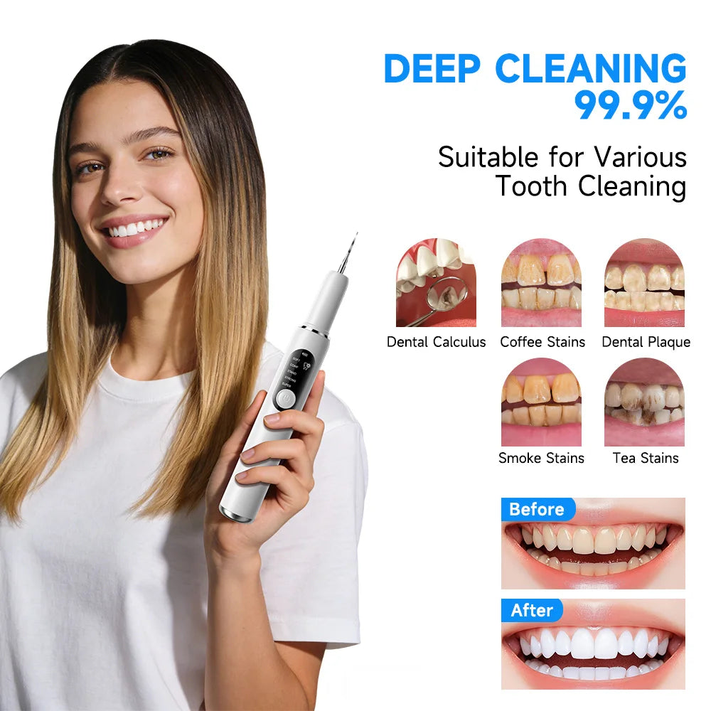 A woman holds an ultrasonic teeth cleaning tool, demonstrating its use for dental cleaning.