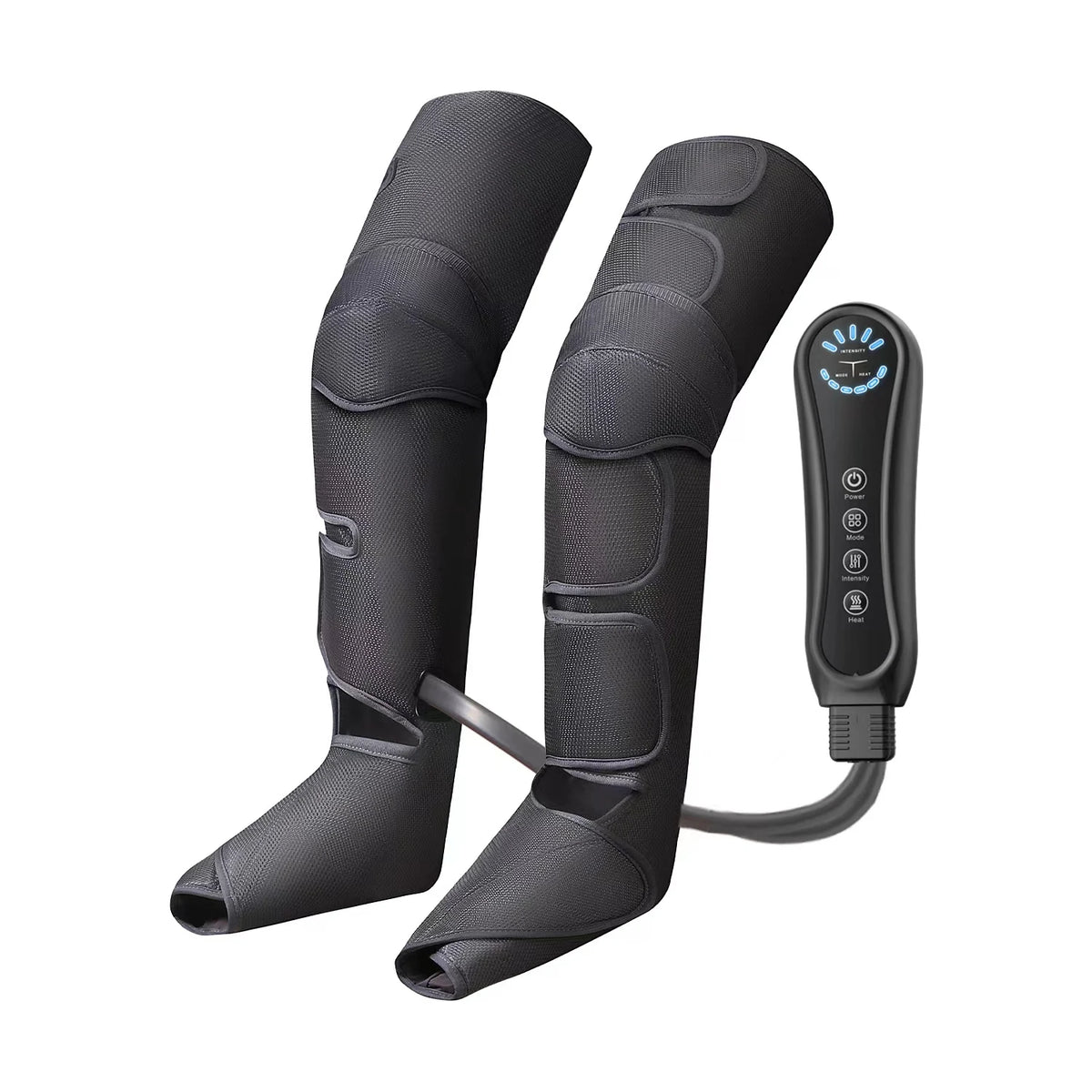 A black air compression leg massager device with a foot and a control unit.