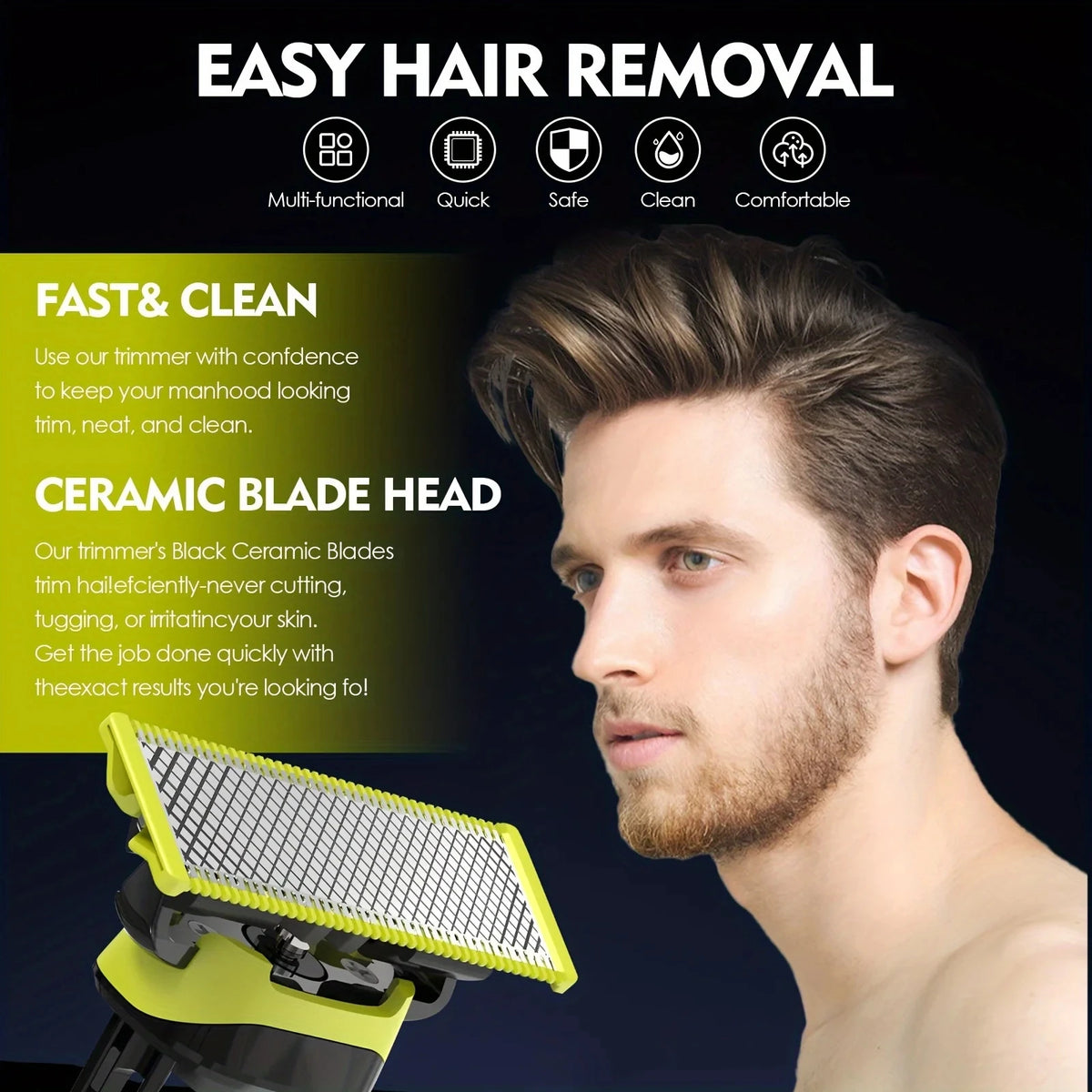 A close-up of a man's face showing a trimmer being used on his hair, with a yellow and black grooming tool in the foreground.
