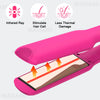 A pink infrared hair straightener is shown with arrows indicating heat flow and benefits like stimulating hair cells.