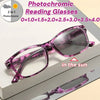 A pair of purple photochromic reading glasses shown in use, demonstrating light tinting.