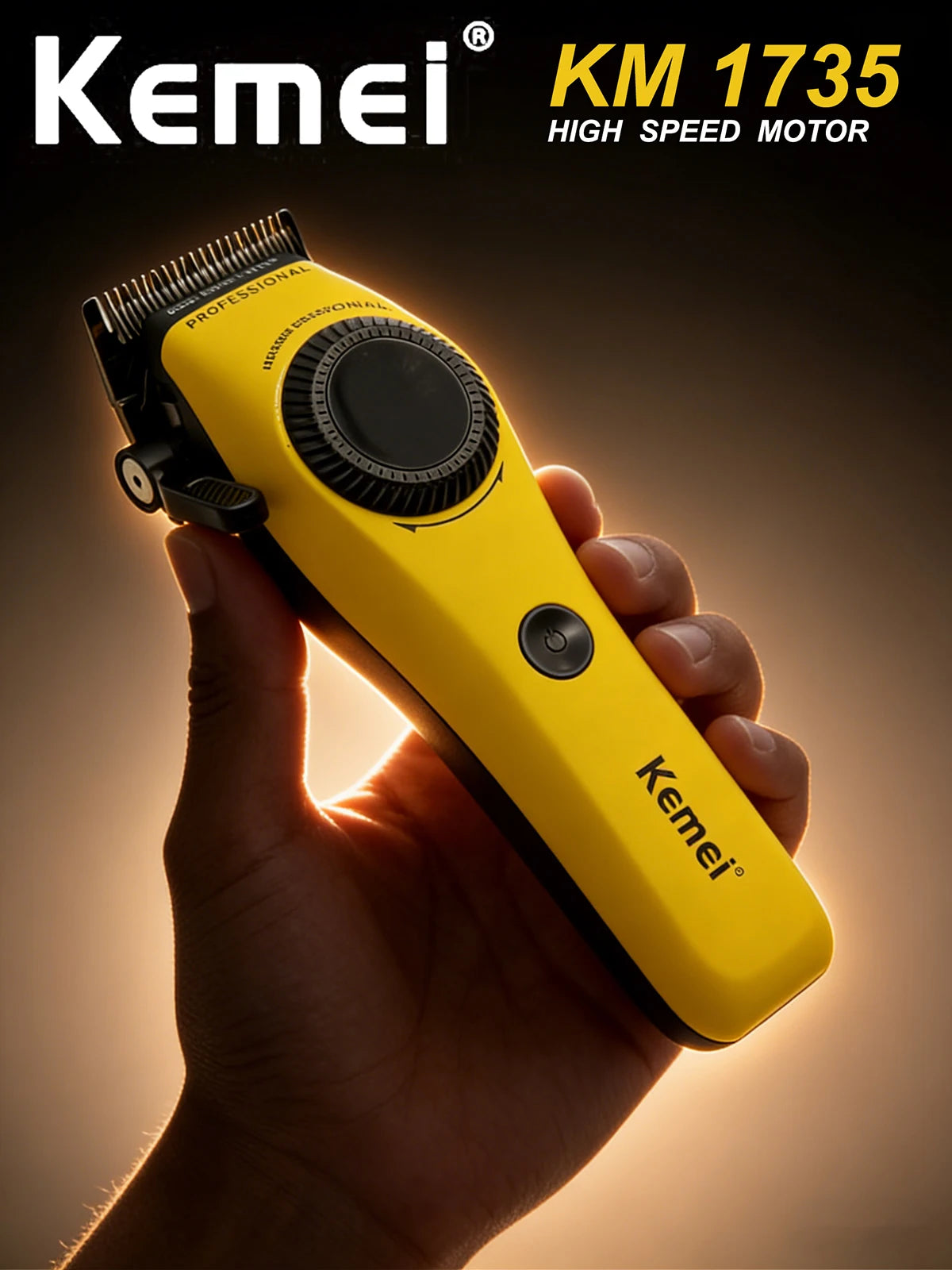 A hand holds a yellow Kemei KM 1735 high-speed motor cordless hair clipper.