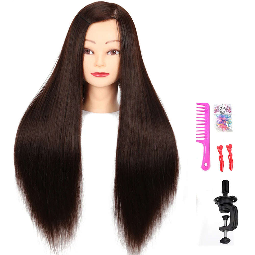 A long, straight, black hair wig displayed on a mannequin head with a white top.