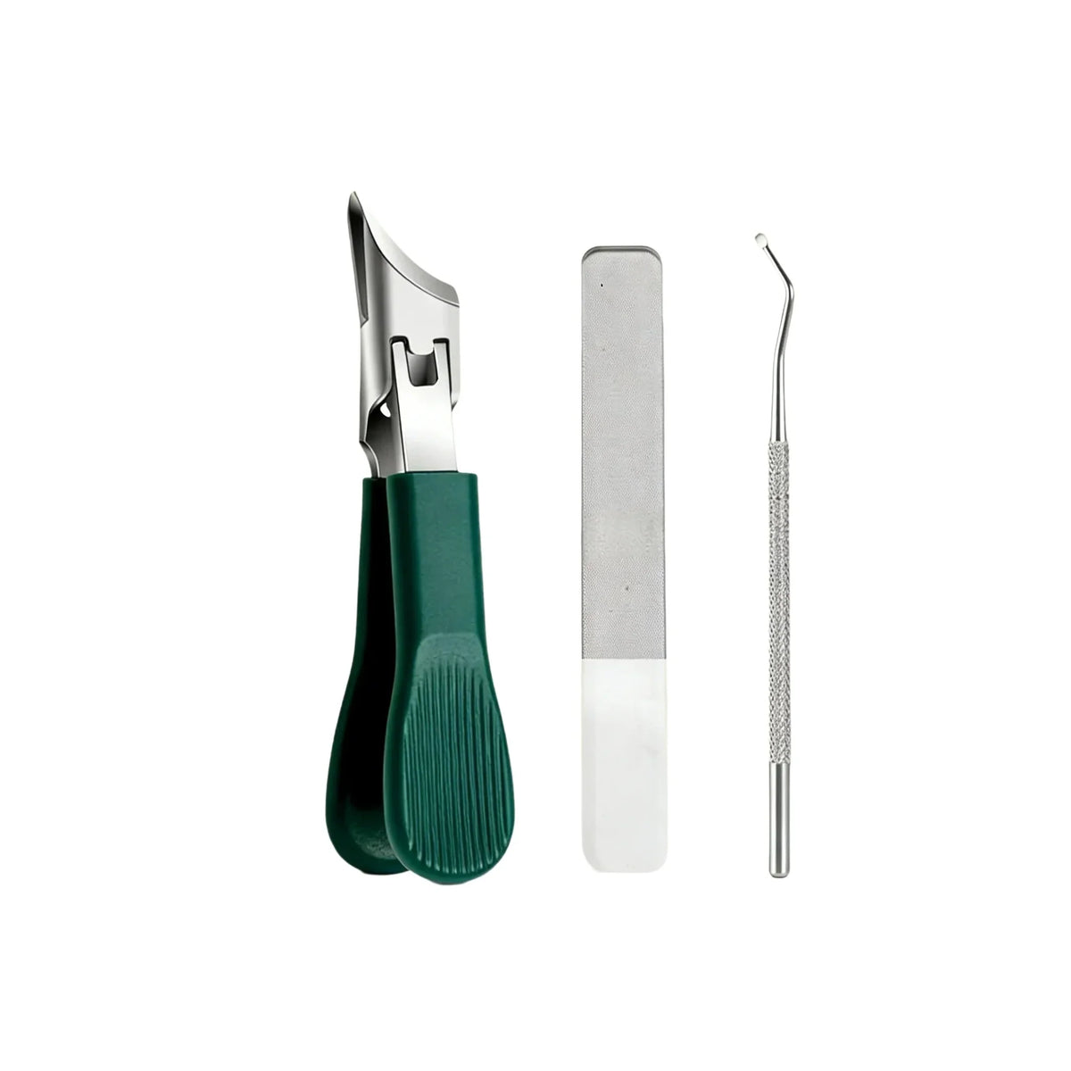 A professional stainless steel nail clipper set showing a pair of clippers and a nipper.