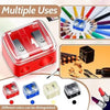 A red dual pencil sharpener for cosmetics and art supplies showing various uses and colors.