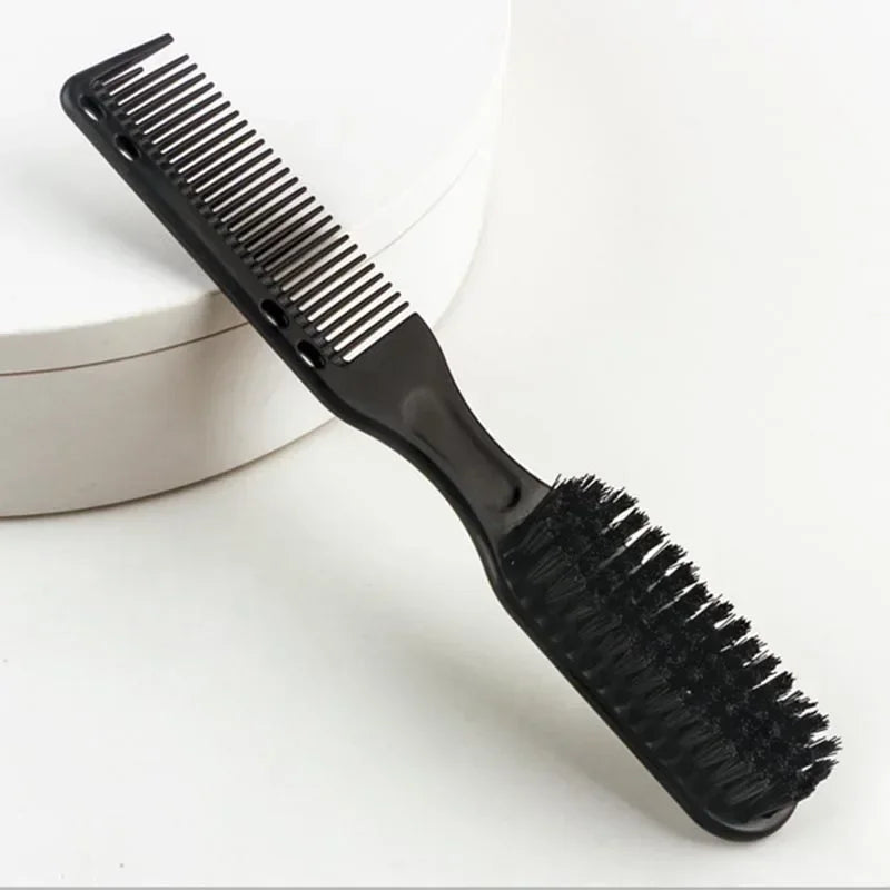 A black portable mini pocket beard comb with fine teeth is shown on a white surface.