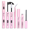 Collection d'outils professionnels pour extensions de cils roses, incluant un kit de colle, de graines et de retrait de cils.