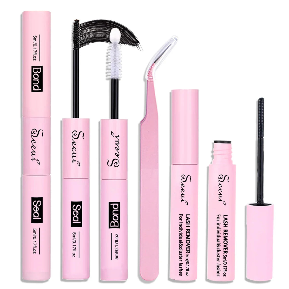 Collection d'outils professionnels pour extensions de cils roses, incluant un kit de colle, de graines et de retrait de cils.