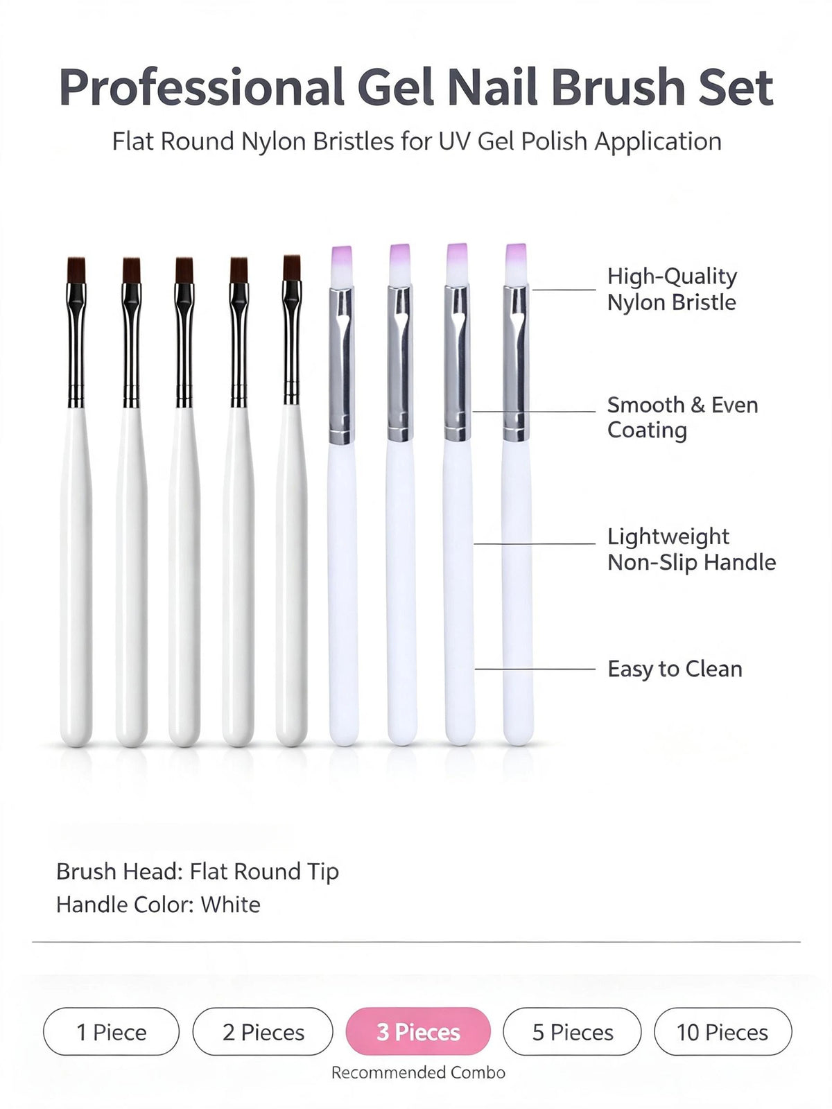 Un set de pinceaux de vernis à ongles en gel professionnels avec des poils nylon ronds plats et des manches blancs pour l'app