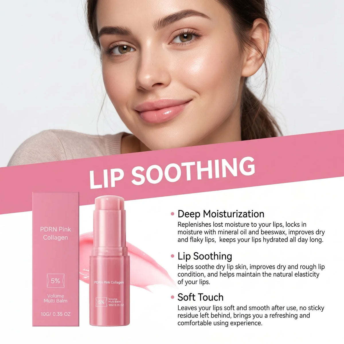 Ein rosa Lippenbalsam-Stift neben der Verpackung, eine lächelnde Frau, die das Produkt aufträgt.