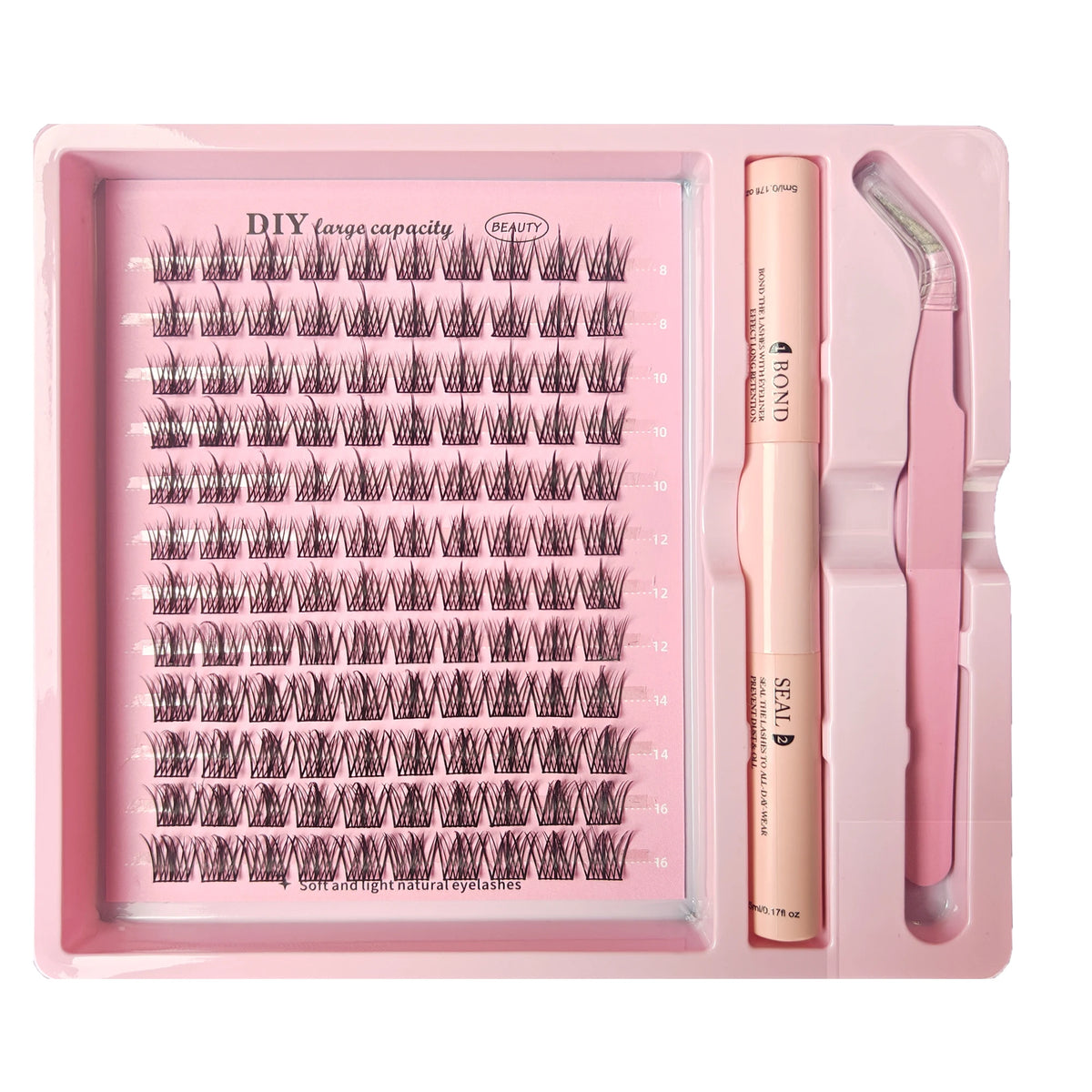 A pink tray containing a DIY lash extension kit with bond, seal, and remover tools.