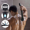 A man is using a folding back shaver on his torso, with inset images showing the shaver and its adjustable handle.