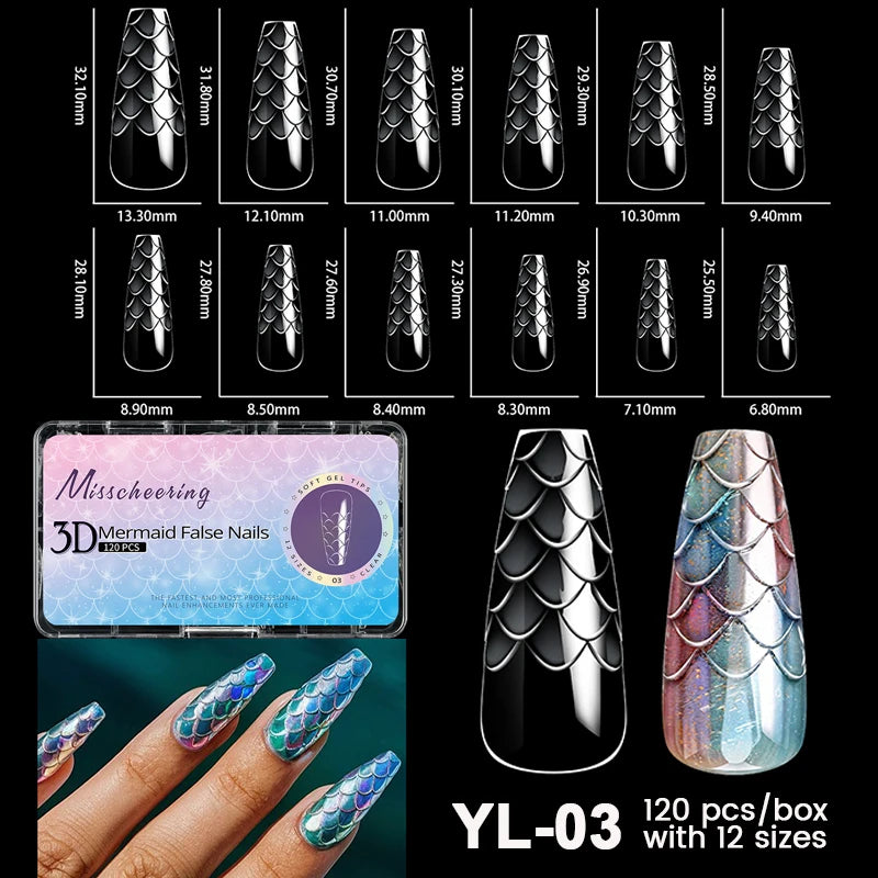 Diverses pointes d'ongles en acrylique noir de différentes tailles, avec une boîte de 120 pièces variées.
