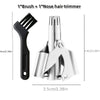 A portable stainless steel nose and ear hair trimmer with a brush attachment shown in various angles.