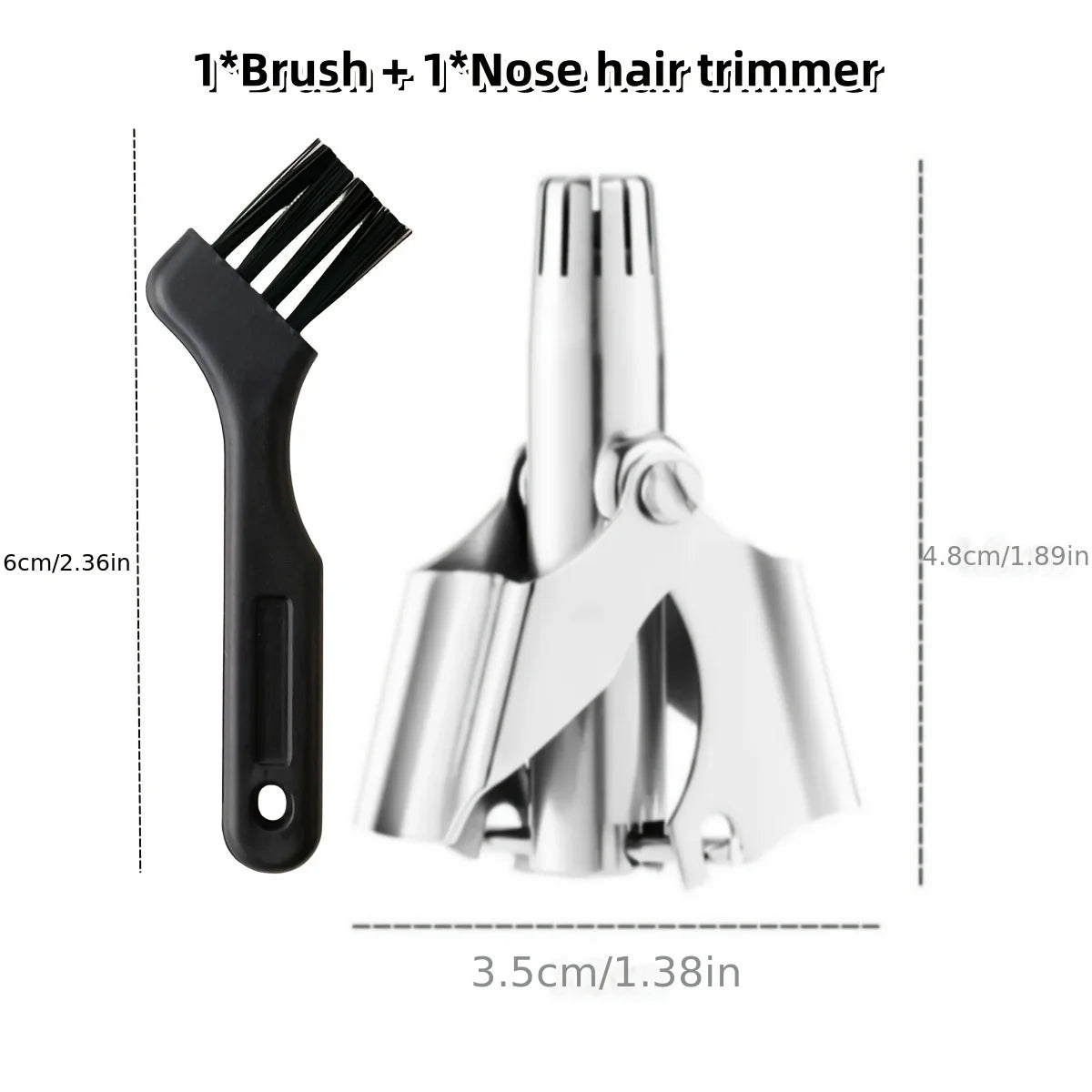 A portable stainless steel nose and ear hair trimmer with a brush attachment shown in various angles.