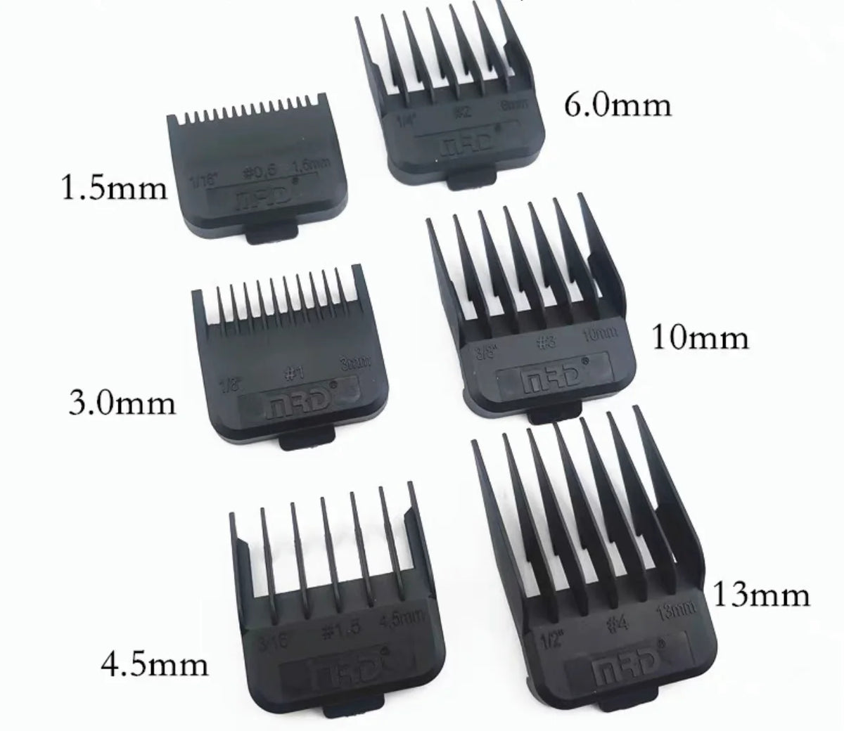 A collection of professional electric hair trimmer guards in various sizes, ranging from 1.5mm to 13mm.
