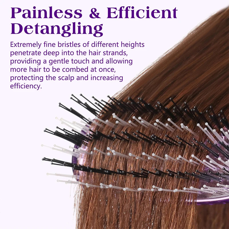 A close-up of a purple scalp massage comb with fine bristles being used to detangle brown hair.