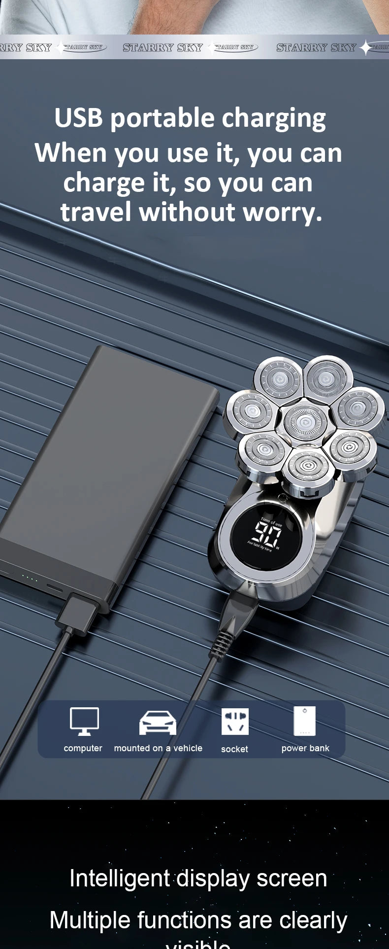 A silver USB portable charging device is shown next to a smartphone, demonstrating its use for travel.