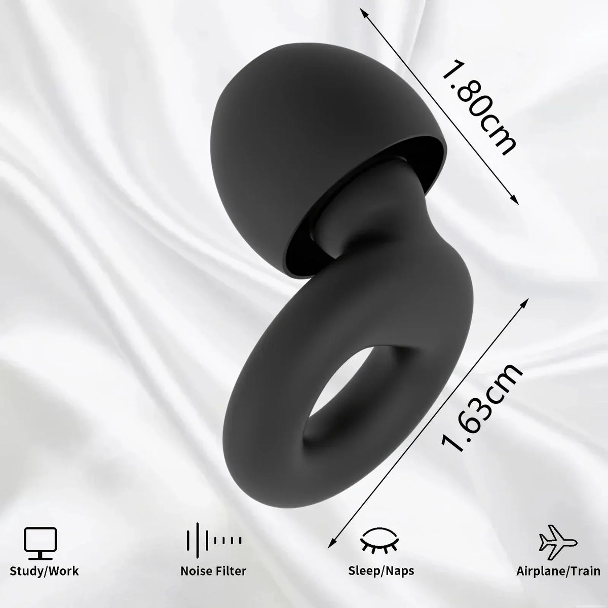 A black silicone ear plug is shown against a white background with dimensions labeled.