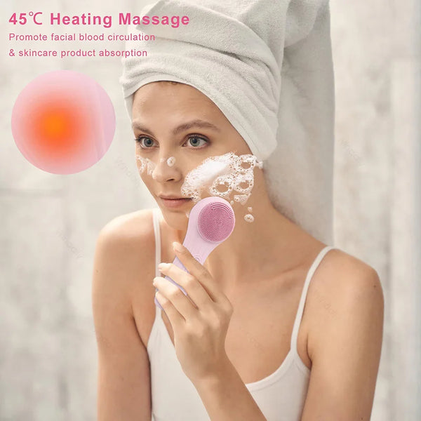 A woman is using a pink sonic facial cleansing brush on her face for heating massage and product absorption.