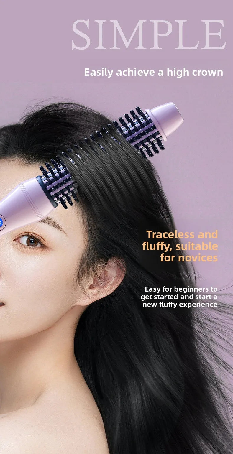 A woman's hair is being styled with a purple heated curling iron brush for a fluffy look.
