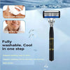 A black premium stainless steel shaver with a silver handle is shown alongside images demonstrating wet and dry shaving metho