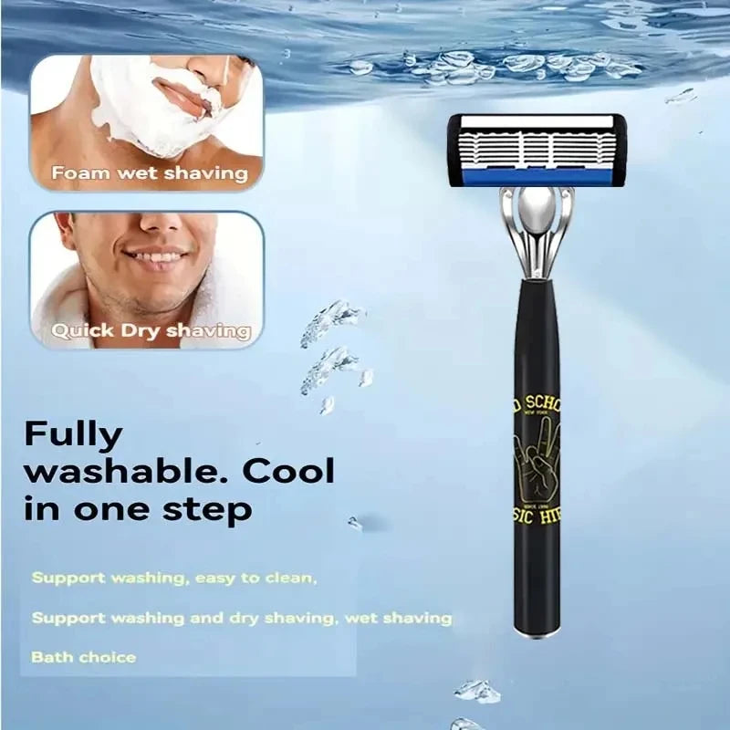 A black premium stainless steel shaver with a silver handle is shown alongside images demonstrating wet and dry shaving metho
