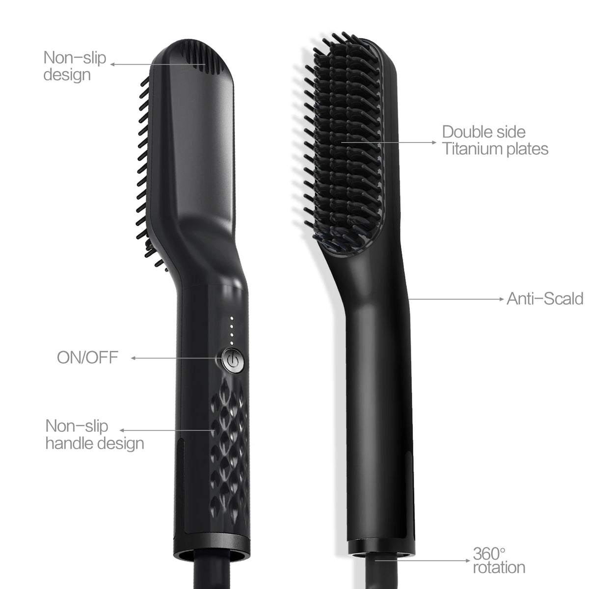 Black professional hair straightening comb with titanium plates and anti-scald features