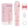 Pink dual-head shaver and accessories displayed in its box, showing the device and attachments.