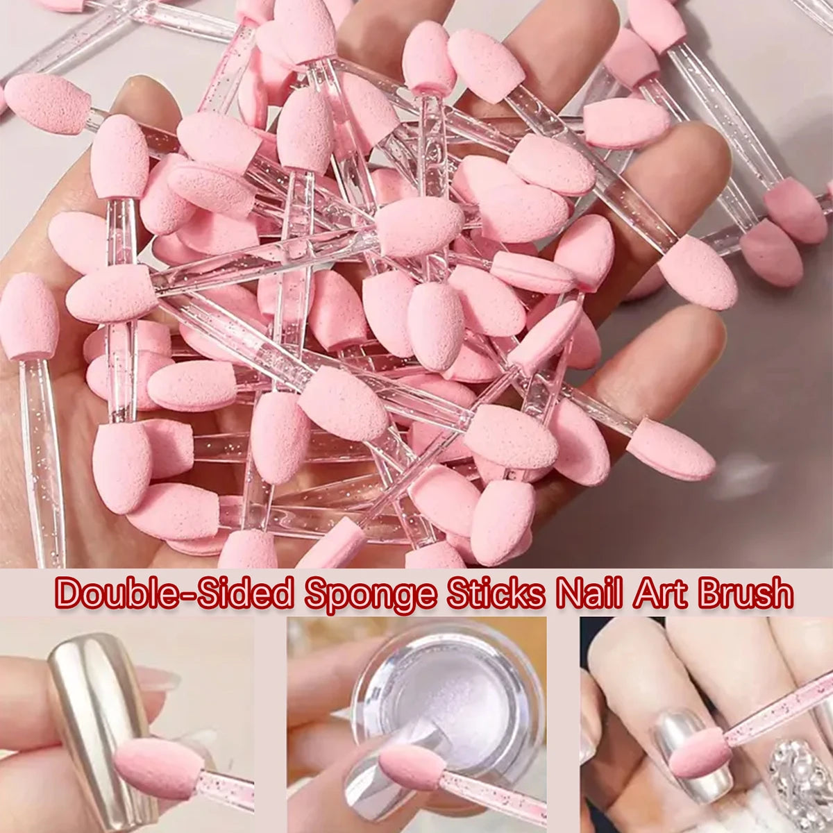 A hand holds a double-sided sponge stick nail art brush with pink foam applicators.