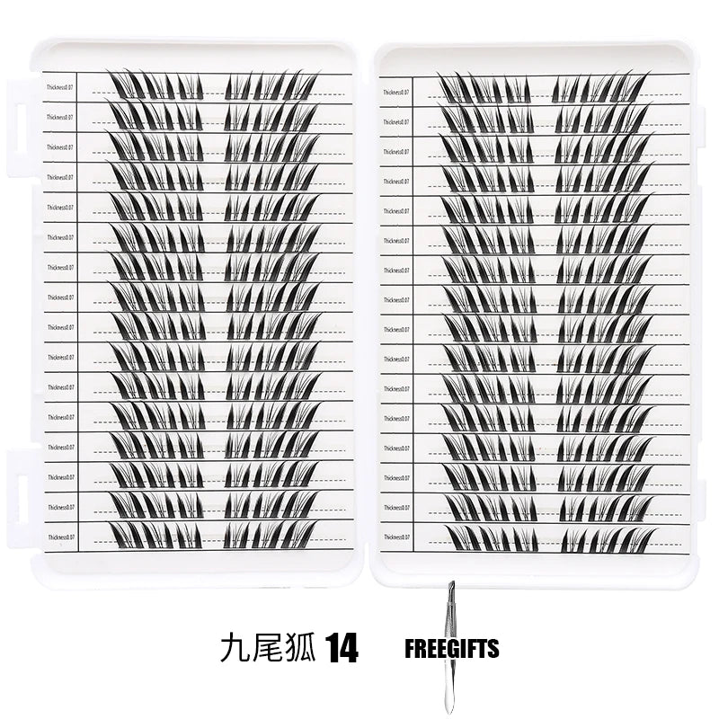 Un kit d'extensions de cils individuels montrant divers styles et longueurs sur fond blanc.