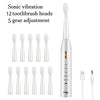 A white ultrasonic electric toothbrush with 12 brush heads and a gear adjustment feature.