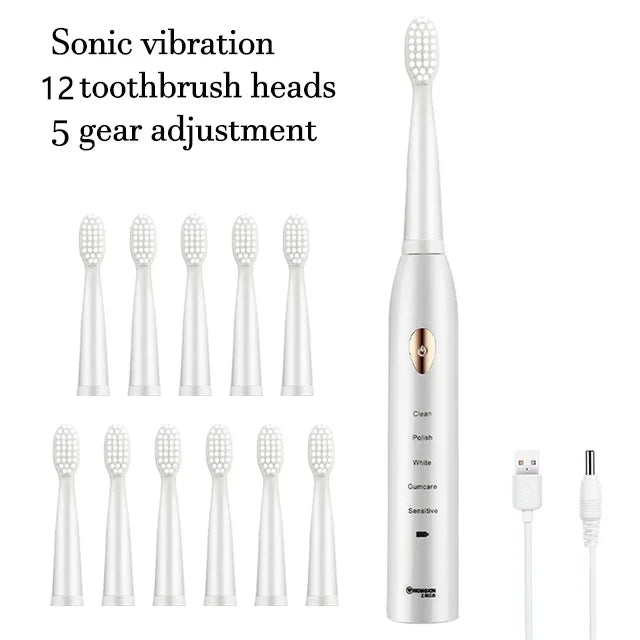 A white ultrasonic electric toothbrush with 12 brush heads and a gear adjustment feature.