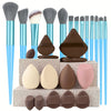 A complete makeup brush set featuring various sizes of synthetic bristles and sponges in shades of brown, pink, and gray.
