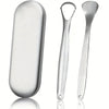 A set of stainless steel tongue scrapers shown against a white background.