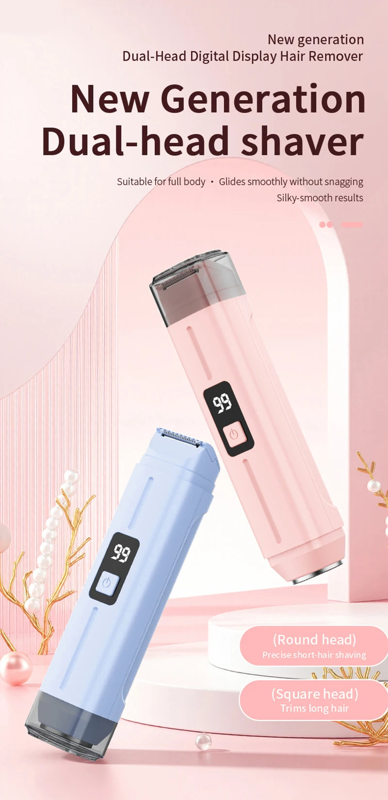 Afeitadora dual rosa y azul para quitar vello corporal.