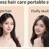 A woman shows two hairstyles: straight hair and a fluffy skull crest, demonstrating the portable styling capabilities of a co