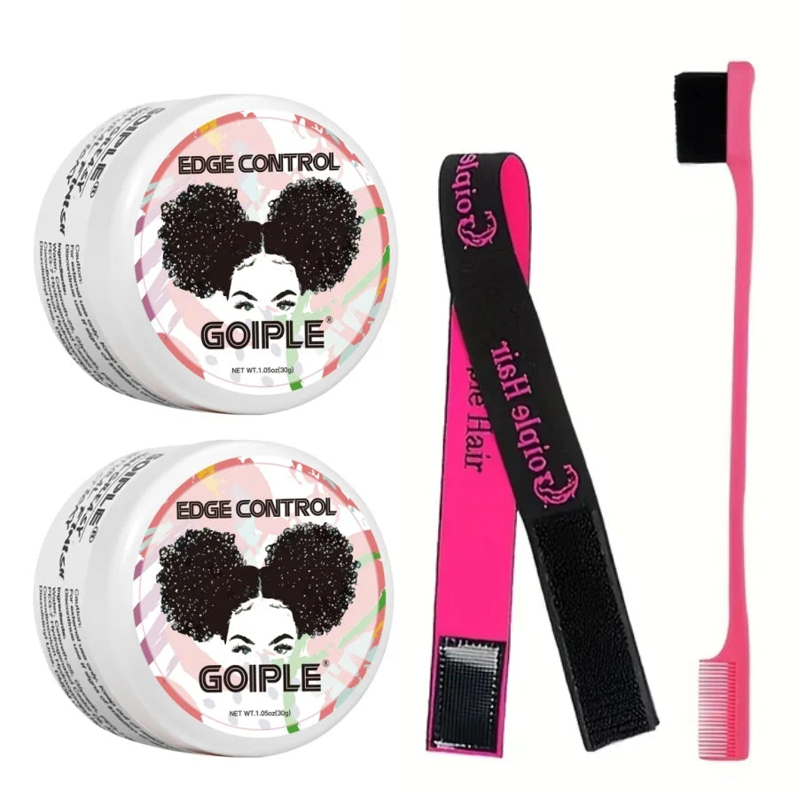 A kit for professional edge control styling wax featuring a circular container and a pink comb.
