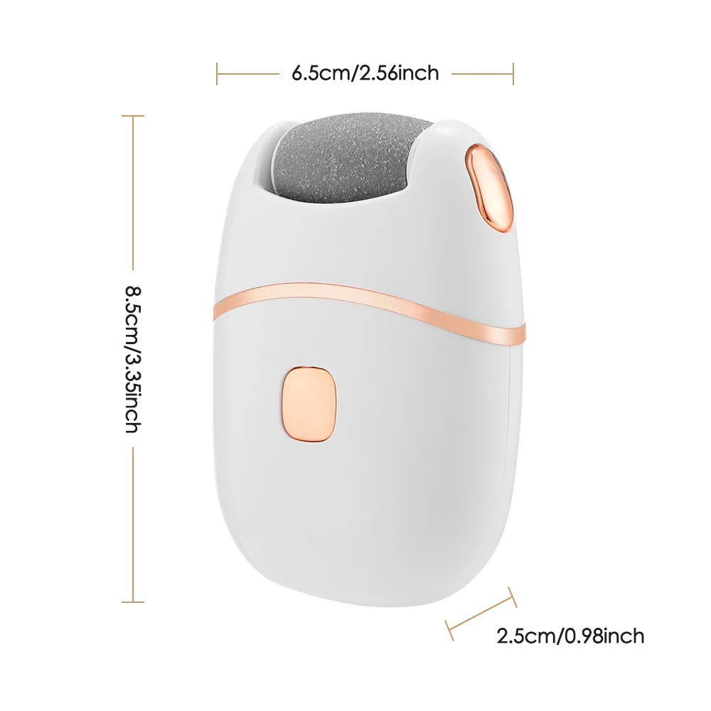 A white electric foot file callus remover device shown with dimensions and a close-up view.