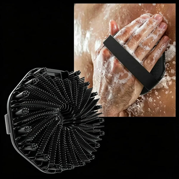 A black silicone exfoliating body scrub brush is shown next to a hand being exfoliated with a natural silicone body scrub.